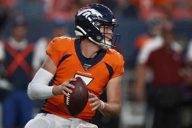 Denver Broncos quarterback Drew Lock (3) looks to pass against the San Francisco 49ers during the second half of an NFL preseason football game Monday in Denver. [David Zalubowski/The Associated Press]