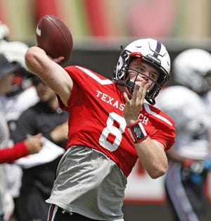 Texas Tech's Maverick McIvor (8) passes the ball during practice, Wednesday, Aug. 7, 2019, at the Football Training Facility in Lubbock, Texas. [Brad Tollefson/A-J Media]