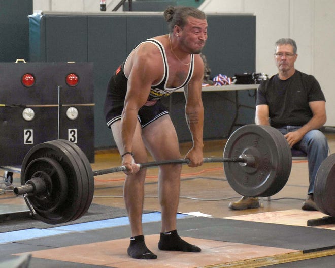 Chris Caban lifts 600 pounds on his final attempt during the dead lift portion of the Iron Man Classic Aug. 10 at the Little Falls, New York, Canal Celebration.            

[Jon Rathbun / Times Telegram]