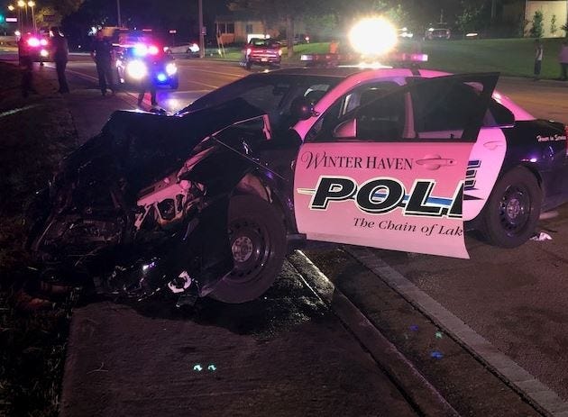 This Winter Haven Police Department patrol car was significantly damaged in a crash with a car at the intersection of Lake Silver Drive NE and Avenue K NE on Thursday night. [PROVIDED PHOTO/WINTER HAVEN POLICE DEPARTMENT]