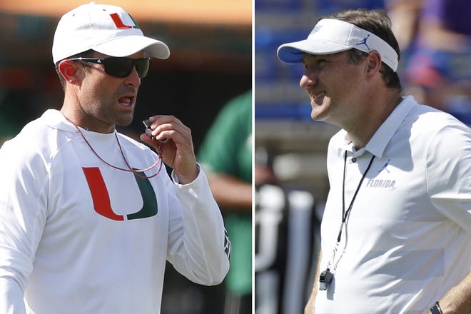 Miami head football coach Manny Diaz, left, and Florida head coach Dan Mullen will lead their teams against each other to start the college football season on Saturday night in Orlando. [FILE/THE ASSOCIATED PRESS]