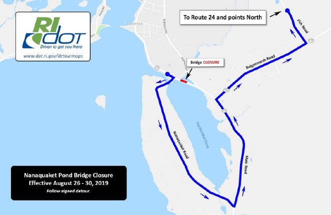 Work on the Nanaquaket Pond Bridge will require detours in the area. [IMAGE COURTESY RIDOT]