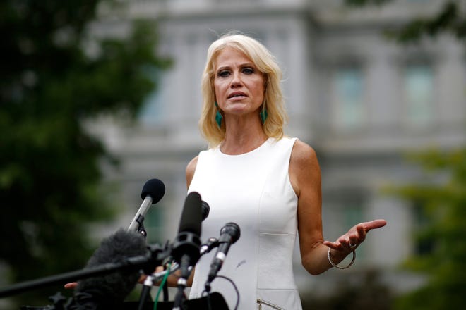 Counselor to the President Kellyanne Conway speaks with reporters outside the White House, Wednesday, Aug. 21, 2019, in Washington. (AP Photo/Patrick Semansky)