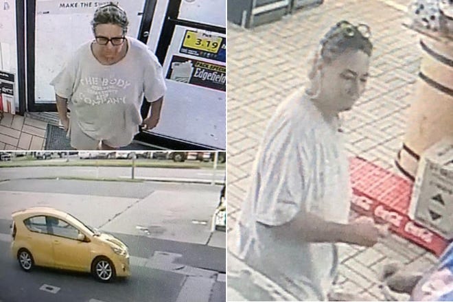 The Alachua County Sheriff's Office released these surveillance images showing a woman suspected of taking a child's pet dog, which had escaped from the boy, at a BP gas station in Waldo. The car is the vehicle she was driving. [Alachua County SO via Facebook]