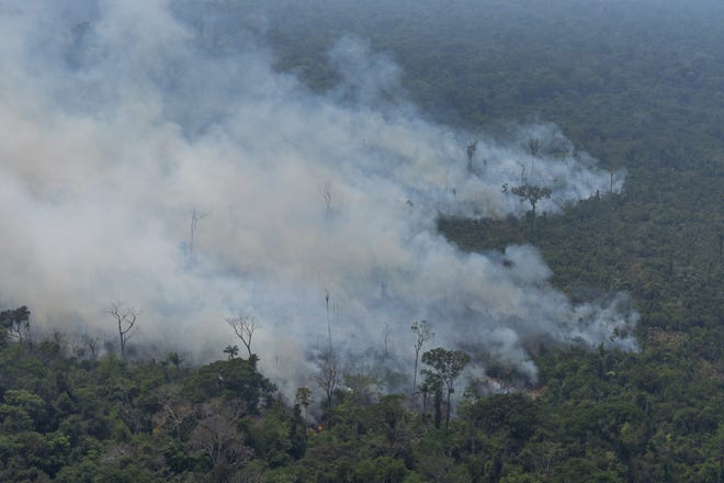 Fire consumes an area near Porto Velho, Brazil, Friday. Brazilian state experts have reported a record of nearly 77,000 wildfires across the country so far this year, up 85% over the same period in 2018. Brazil contains about 60% of the Amazon rainforest, whose degradation could have severe consequences for global climate and rainfall. [Victor R. Caivano/The Associated Press]