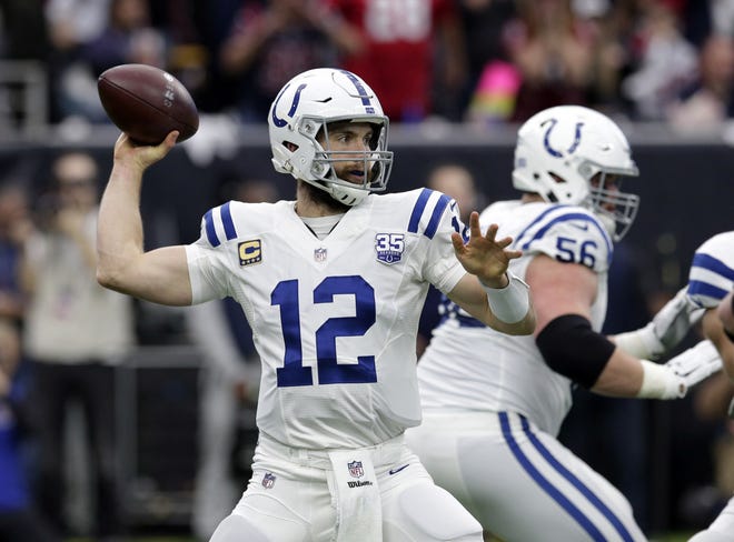 Indianapolis Colts quarterback Andrew Luck (12) throws against the Texans during a wild-card playoff game Jan. 5 in Houston. [MICHAEL WYKE/AP FILE PHOTO]