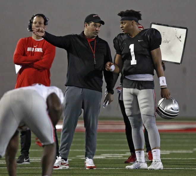 One way to judge Ohio State coach Ryan Day and quarterback Justin Fields will be their performances under adversity this season. [Kyle Robertson/Dispatch]