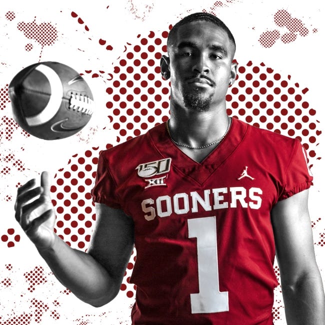 Oklahoma quarterback Jalen Hurts isn't "really outgoing," receiver CeeDee Lamb says, but the Alabama transfer is known for being calm on and off the field. [Illustration via photo by Chris Landsberger/The Oklahoman]