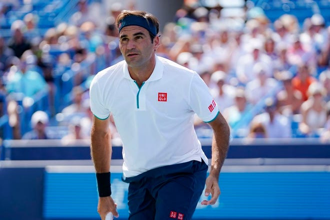 From Aug. 15, 2019, Roger Federer, of Switzerland, reacts during a match against Andrey Rublev, of Russa, during the quarterfinals of the Western & Southern Open tennis tournament in Mason, Ohio. Federer heads into the U.S. Open with only one match victory during his preparation. That is just one many reasons why this U.S. Open is as unpredictable as any as it begins Monday, Aug. 26, 2019. (AP Photo/John Minchillo, File)