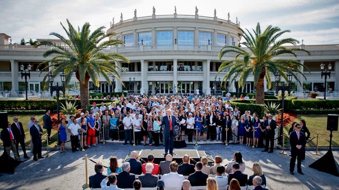 President Donald Trump was in full sales mode Monday, doing everything but passing out brochures as he touted the features that would make the Doral golf resort the ideal place for the next G7 Summit _ close to the airport, plenty of hotel rooms, separate buildings for every delegation, even top facilities for the media.