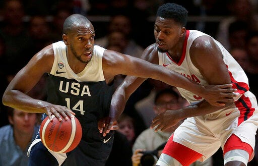 United States' Khris Middleton, left, is guarded by Canada's Melvin Ejim during their exhibition basketball game in Sydney, Australia, Monday, Aug. 26, 2019. (AP Photo/Rick Rycroft)