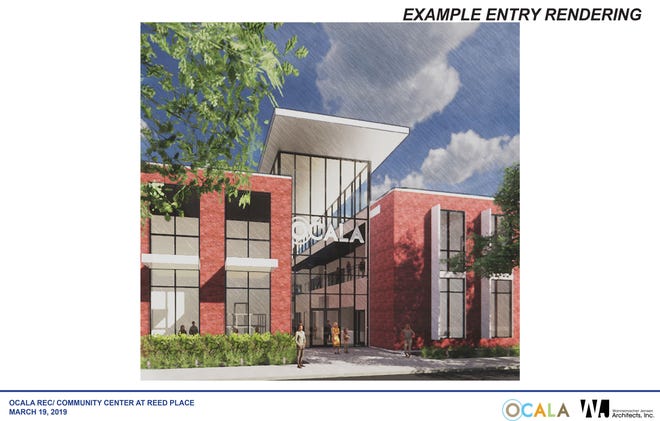An artist rendering shows the entrance to the planned Ocala community center in northwest Ocala near the 1900 block of Northwest 17th Place. The Marion County Commission agreed on Aug. 20 to move forward on a plan to open a library branch at the center once it opens in spring 2021. [Submitted]