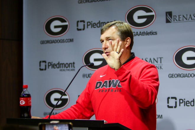 Georgia head coach Kirby Smart during a press conference on Monday as the Bulldogs previewed the season-opening contest at Vanderbilt. [CHAMBERLAIN SMITH/UGA SPORTS COMMUNICATIONS]