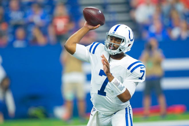 Indianapolis Colts quarterback Jacoby Brissett (7) throws against the Cleveland Browns during the first half of an NFL preseason football game in Indianapolis, Saturday, Aug. 17, 2019. (AP Photo/AJ Mast)