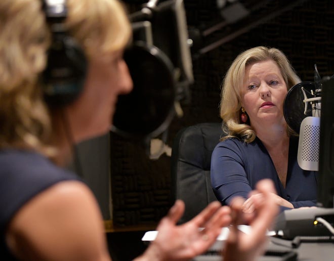 First Coast Connect radio host Melissa Ross (right) interviews attorney Rebekah Hope on the show Monday at WJCT FM 89.9 in Jacksonville. Ross and the show are celebrating their 10th anniversary. [Will Dickey/Florida Times-Union]