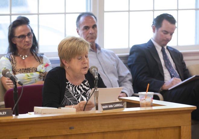 Portsmouth School Committee attorney Mary Ann Carroll reads the findings in the investigation into Portsmouth football coach Ryan Moniz and interactions with high school student Nathan Bruno and his family during a meeting in 2018. [DAILY NEWS FILE PHOTO]