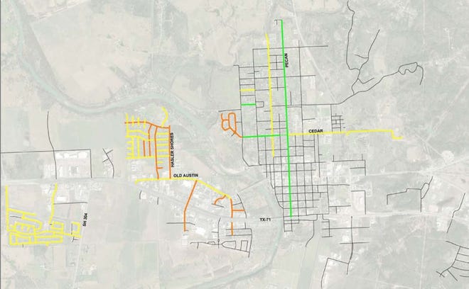 The city of Bastrop is implementing a street maintenance and preventative plan for 21.9 miles of city streets expected to be completed by July 31, 2020. The streets in yellow will get program maintenance; streets in green will get preventative maintenance; and streets in orange will get program and preventative maintenance. [MAP BY WALKER PARTNERS]