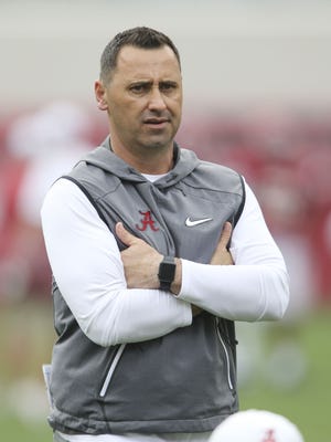 Offensive coordinator Steve Sarkisian watches the offense as the Crimson Tide works in practice. [Staff Photo/Gary Cosby Jr.]