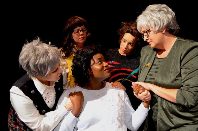 Ouiser (Callie Combest), Annelle (Lindsay Rigney), Truvy (Andi Babineaux) and Clairee (Lauren Brownell) comfort M'Lynn (Ayanna Arnold), center, in a touching scene from play Steel Magnolias being performed in Lubbock. [Photo by Josh Aguirre]