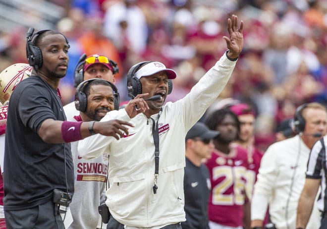 Florida State coach Willie Taggart shouts instructions in the second half against Florida on Nov. 24, 2018, in Tallahassee. Florida State opens the season against Boise State today at noon. [Mark Wallheiser/The Associated Press]