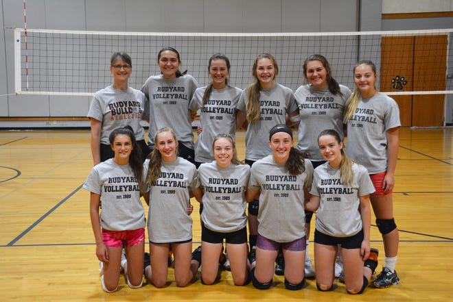 The Rudyard varsity volleyball team includes, front row, from left: Tori Tremblay, Tristin Smith, Chesney Molina, Morgan Bickel and Jerzie Belleville; back row, from left: coach Ellen Perry, Nina Alpers, Addie Kuenzer, Sara Beelen, Brooklynn Besteman and Paige Postma. [Rob Roos/Sault News]