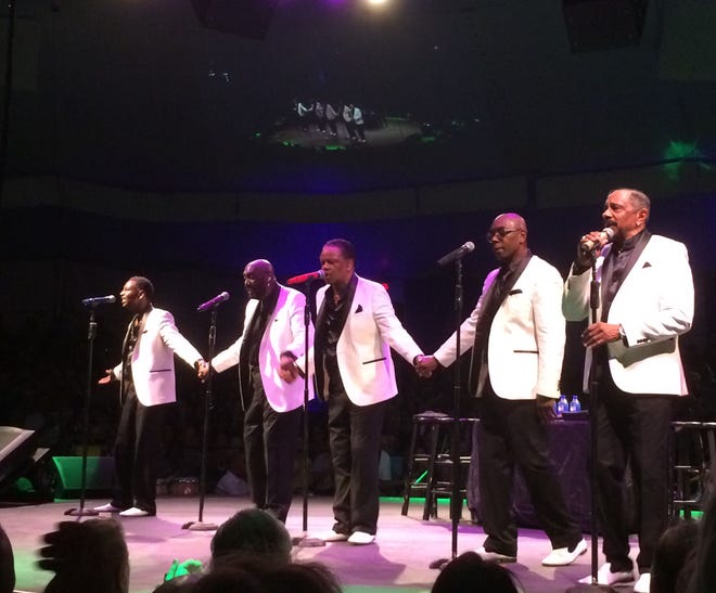 The Temptations perform at the Melody Tent Friday night. From left to right: Terry Weeks, Otis Williams, Willie Green, Larry Braggs and Ron Tyson. [Jason Savio/Cape Cod Times]