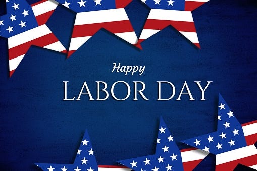 Labor Day background, with white texts and USA patriotic stars on blue paper textured background.