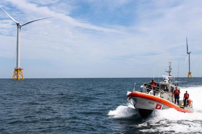 A U.S. Coast Guard boat participates in a search and rescue safety exercise July 24 off Block Island in the area of the offshore turbines. [Photo courtesy of Ørsted]