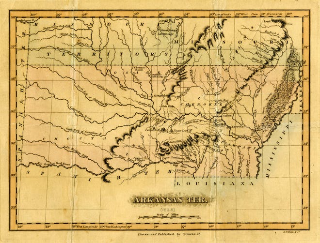 Map of Arkansas Territory, ca. 1823. Arkansas Territory originally included what is now Oklahoma. Image from the collections of the Arkansas State Archives. [Courtesy image]