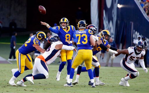 Los Angeles Rams quarterback Brandon Allen throws under pressure against the Denver Broncos during the first half of an NFL preseason football game Saturday, Aug. 24, 2019, in Los Angeles. (AP Photo/Rick Scuteri)
