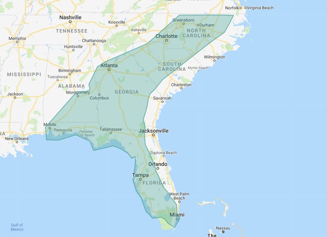 This map shows the areas Airbnb is opening their Open Homes Program to due the effects of Hurricane Dorian. [Photo provided by Airbnb]