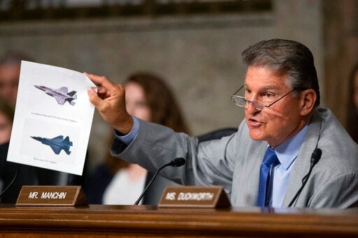 FILE - In this July 16, 2019, file photo, Senate Armed Services Committee member Sen. Joe Manchin, D-W.Va., shows an illustration of a Lockheed Martin F-35 Joint Strike Fighter jet, top, and China's Shenyang J-31 Stealth Fighter jet, bottom, as he questions Secretary of the Army and Secretary of Defense nominee Mark Esper on Capitol Hill in Washington. (AP Photo/Manuel Balce Ceneta, File)