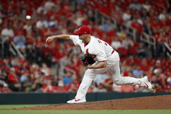 St. Louis Cardinals starting pitcher Jack Flaherty throws during the fifth inning of the team's baseball game against the San Francisco Giants on Tuesday, Sept. 3, 2019, in St. Louis. (AP Photo/Jeff Roberson)