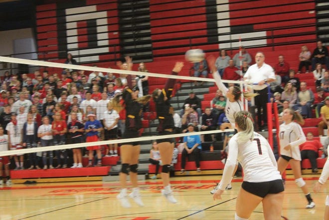 Devils Lake’s Maya Barendt goes up for an attack against Turtle Mountain Community High School during the first set of a NDHSAA volleyball match Tuesday, Sept. 3, 2019 from Devils Lake.