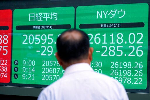 A man looks at an electronic stock board showing Japan's Nikkei 225 index and New York Dow Jones index at a securities firm in Tokyo Wednesday, Sept. 4, 2019. Asian stock markets rose Wednesday following surprise weakness in U.S. manufacturing and wrangling in Britain over the country’s departure from the European Union. (AP Photo/Eugene Hoshiko)