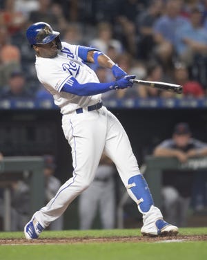 Kansas City Royals designated hitter Jorge Soler hits a three-run home run off Detroit Tigers starting pitcher Daniel Norris during the third inning of a baseball game at Kauffman Stadium in Kansas City, Mo., Tuesday, Sept. 3, 2019. It was the 39th home run of the season for Soler, a new club record. (AP Photo/Reed Hoffmann)