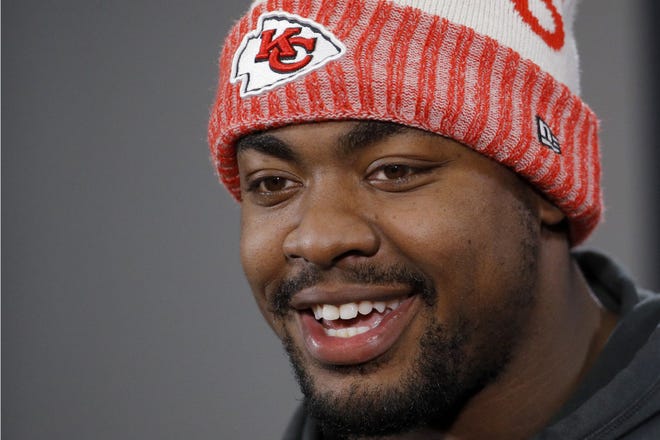 In this Jan. 18 file photo, Kansas City Chiefs defensive end Chris Jones talks to the media after a workout in Kansas City. [Charlie Riedel/The Associated Press]