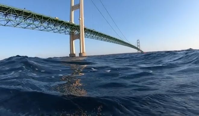 Dundee Middle School principal Aaron Carner took a picture from the water as he prepared to embark on the Mighty Mac swim. [Photo courtesy of AARON CARNER]