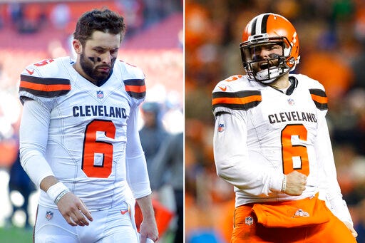 FILE - At left, in an Oct. 14, 2018, file photo, Cleveland Browns quarterback Baker Mayfield walks off the field after the team lost to the Los Angeles Chargers in an NFL football game in Cleveland. At right, in a Dec. 15, 2018, file photo, Cleveland Browns quarterback Baker Mayfield (6) celebrates after leading his team to a touchdown during an NFL football game against the Denver Broncos in Denver. Beginning Sunday when they host Tennessee, we’ll find out if the new and improved Browns are exactly that, and a playoff contender. Or if they will do what the Browns nearly always have done since returning to the NFL in 1999, and disappoint the Dawg Pound. (AP Photo/File)