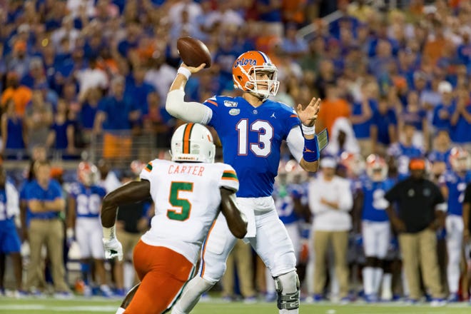 Florida quarterback Feleipe Franks threw for 254 yards and two scores and ran for another as the Gators defeated Miami on Aug. 24 for just the second time in their last nine meetings with the Hurricanes. [Matt Pendleton/Correspondent]