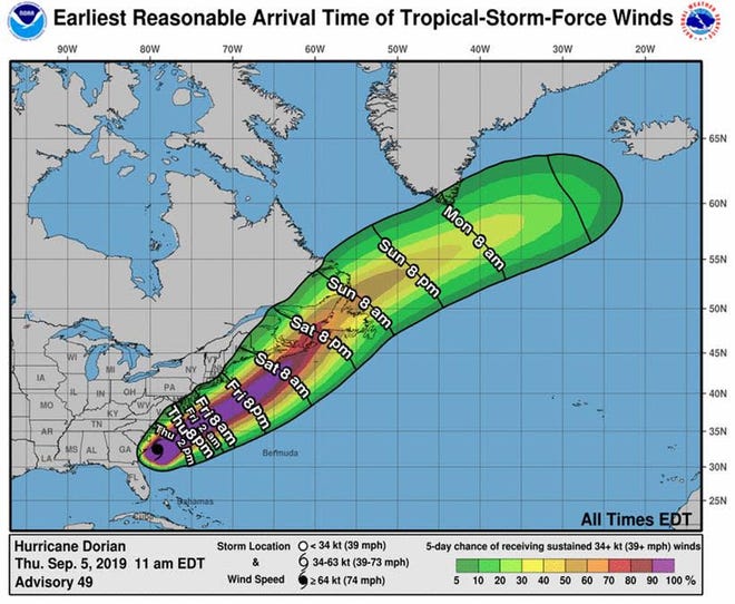 The following graphics from the National Weather Service show Dorian's current forecast track, wind speed probabilities, forecast rainfall totals, and earliest reasonable arrival time of tropical storm-force winds: