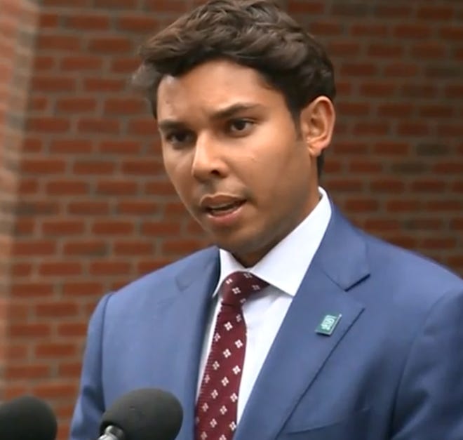 Fall River Mayor Jasiel Correia speaks to the press outside the federal courthouse in Boston on Friday, Sept. 6, 2019, following his indictment on extortion and bribery charges. Federal investigators claim Correia worked to extort hundreds of thousands of dollars from private citizens trying to open marijuana dispensaries in Fall River. [WCVB image from video]