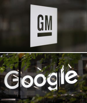 This combo of photo shows the General Motors logo on May 16, 2014, at the company's world headquarters in Detroit, top, and the Google logo at their offices in Granary Square, London on Nov. 1, 2018, bottom. General Motors is hiring Google to run key parts of its dashboard infotainment system, admitting that the tech firm can do a better job. (AP Photo)
