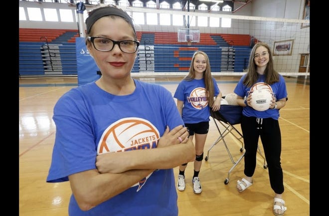 Crystal Ramsey, head volleyball coach, from left, with seniors Victoria Ousley and Gabi Schaal at the Bartow High gym in Bartow last week. [PIERRE DUCHARME/THE LEDGER].
