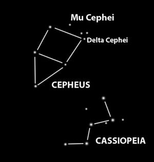 This star chart depicts the constellations Cepheus and Cassiopeia in the northern sky, as seen on a September evening. Mu Cephei’s red color is easily detected with binoculars. [Peter Becker]