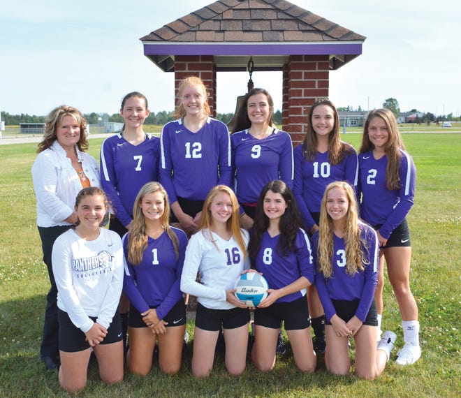 Pickford varsity volleyball includes, front row, from left: team manager Laura Bush, Bailee Stec, Lucy Bennin, Natalie Miller and Hannah McConkey; back row, from left: coach Barb Storey, Jocelyn Portice, Darcy Bennin, Crystyn Cornwell, Kennedy Guild and Lizzie Storey. Missing: Cassey Cottle, Carley Cottle and Anna VanBlaricum. [Rob Roos/Sault News]