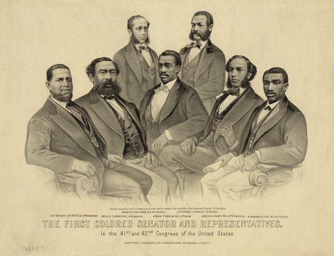 This illustration from the U.S. Library of Congress shows the first senators and congressman of color elected during Reconstruction after the Civil War. Among them, seated at center, is Josiah T.Walls, who served three terms from 1871 to 1876, elected from Alachua County. Walls also served as a delegate to the state constitutional convention of 1868, representing Alachua County. [Library of Congress]