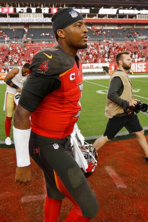 Tampa Bay Buccaneers quarterback Jameis Winston walks off the field after the second half an NFL football game against the San Francisco 49ers, Sunday, Sept. 8, 2019, in Tampa, Fla. The San Francisco 49ers won 31-17. (AP Photo/Chris O'Meara)