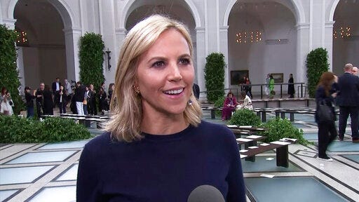 Fashion designer Tory Burch speaks in an interview during the New York Fashion Week at the Brooklyn Museum in the Brooklyn borough of New York on Sunday, Sept. 8, 2019. From a linen and leather pant to a macrame tweed skirt, Burch looked to one of the most important fashion icons of the 20th century for inspiration at New York Fashion Week: Princess Diana. (AP Photo)