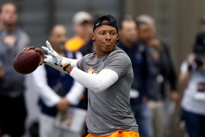 Quarterback Josh Dobbs throws to a receiver during Tennessee;s 2017 NFL Pro Day in Knoxville, Tenn. The Jacksonville Jaguars have acquired Dobbs in a trade with Pittsburgh, giving them a backup while Nick Foles recovers from a broken collarbone. [AP Photo/Wade Payne, File]
